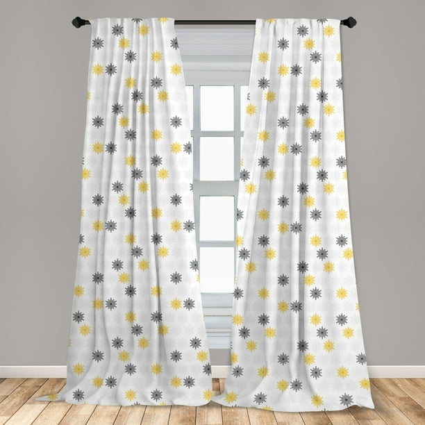 2 Window Panels, 2 Ties 4 Piece Sunshine Yellow/Grey/White Color Block Microfiber Curtain Set 108 inch Wide X 84 inch Long 